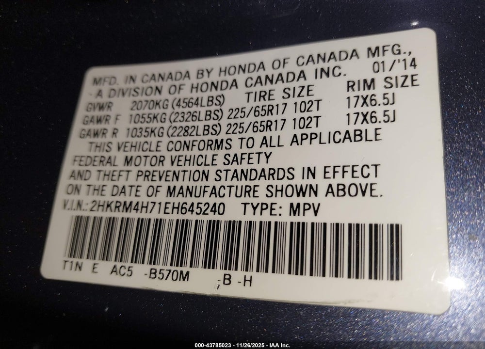 2014 HONDA CR-V EX-L VIN: 2HKRM4H71EH645240