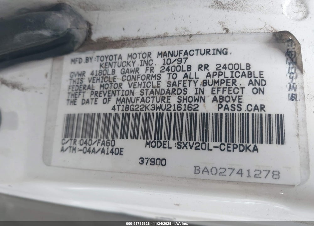 1998 TOYOTA CAMRY VIN: 4T1BG22K3WU216162