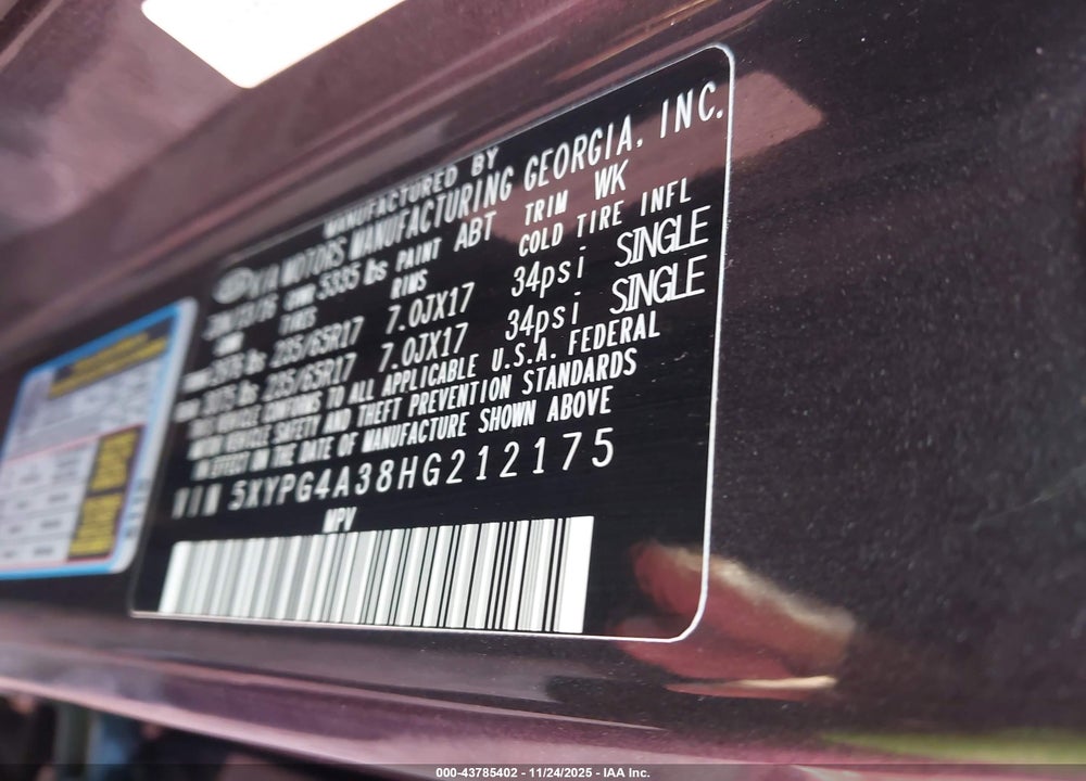 2017 KIA SORENTO 2.4L LX VIN: 5XYPG4A38HG212175