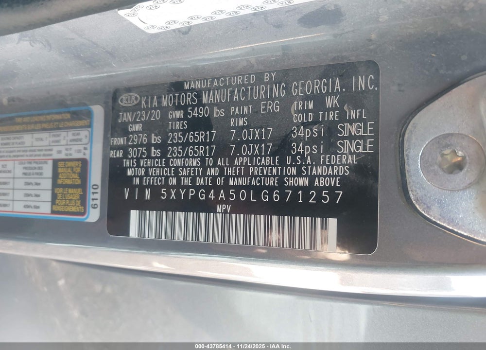 2020 KIA SORENTO 3.3L LX VIN: 5XYPG4A50LG671257