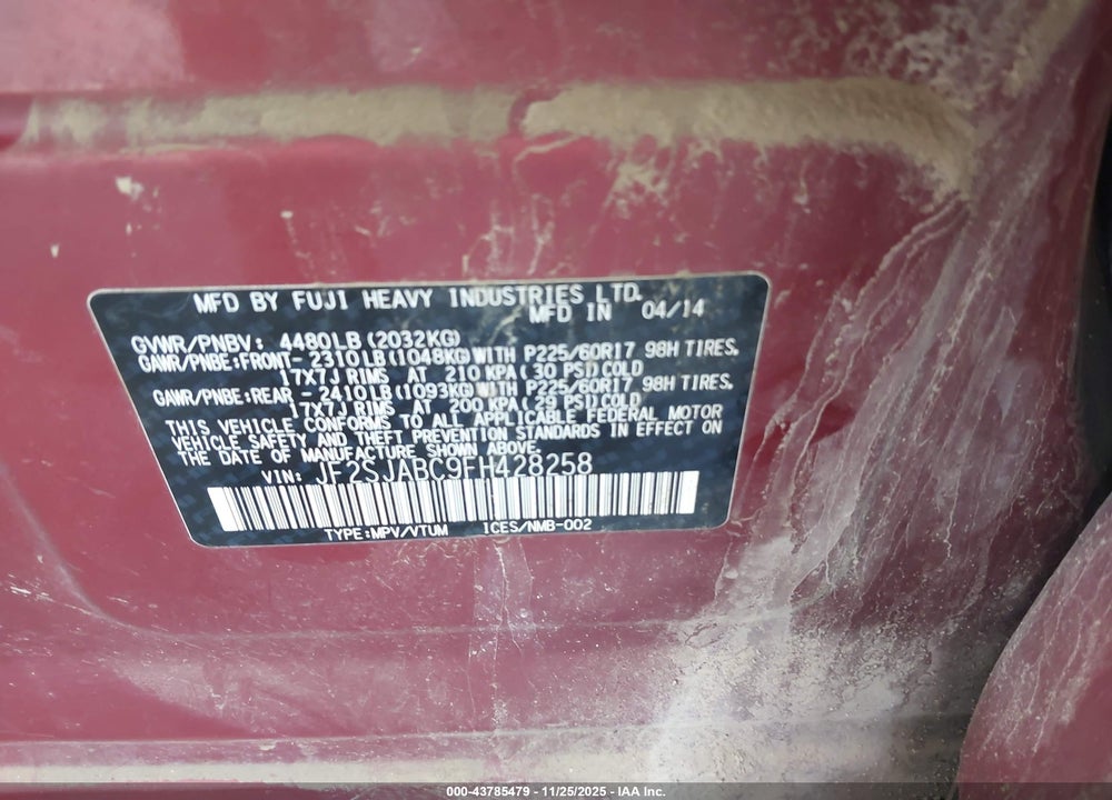 2015 SUBARU FORESTER 2.5I VIN: JF2SJABC9FH428258