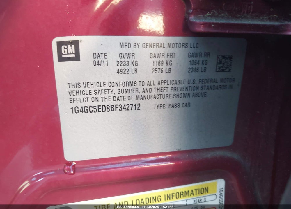 2011 BUICK LACROSSE CXL VIN: 1G4GC5ED8BF342712