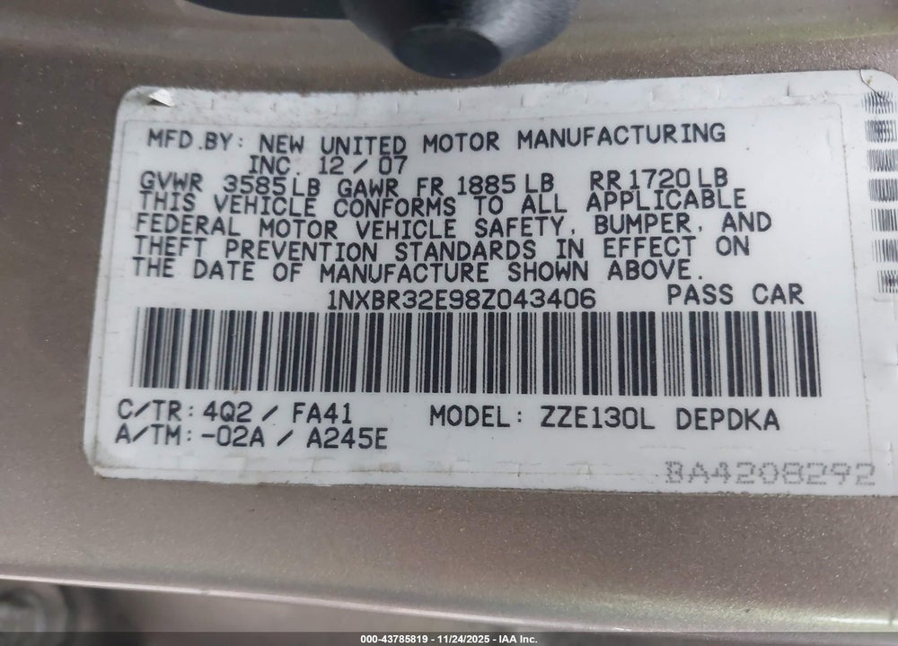 2008 TOYOTA COROLLA VIN: 1NXBR32E98Z043406
