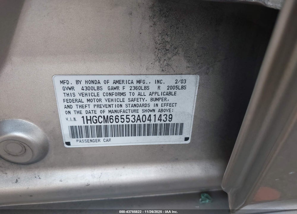 2003 HONDA ACCORD 3.0 EX VIN: 1HGCM66553A041439