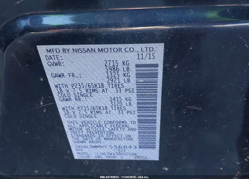 2015 INFINITI QX60 VIN: 5N1AL0MM9FC556643