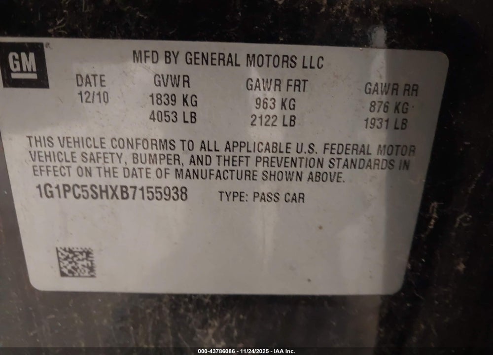 2011 CHEVROLET CRUZE LS VIN: 1G1PC5SHXB7155938