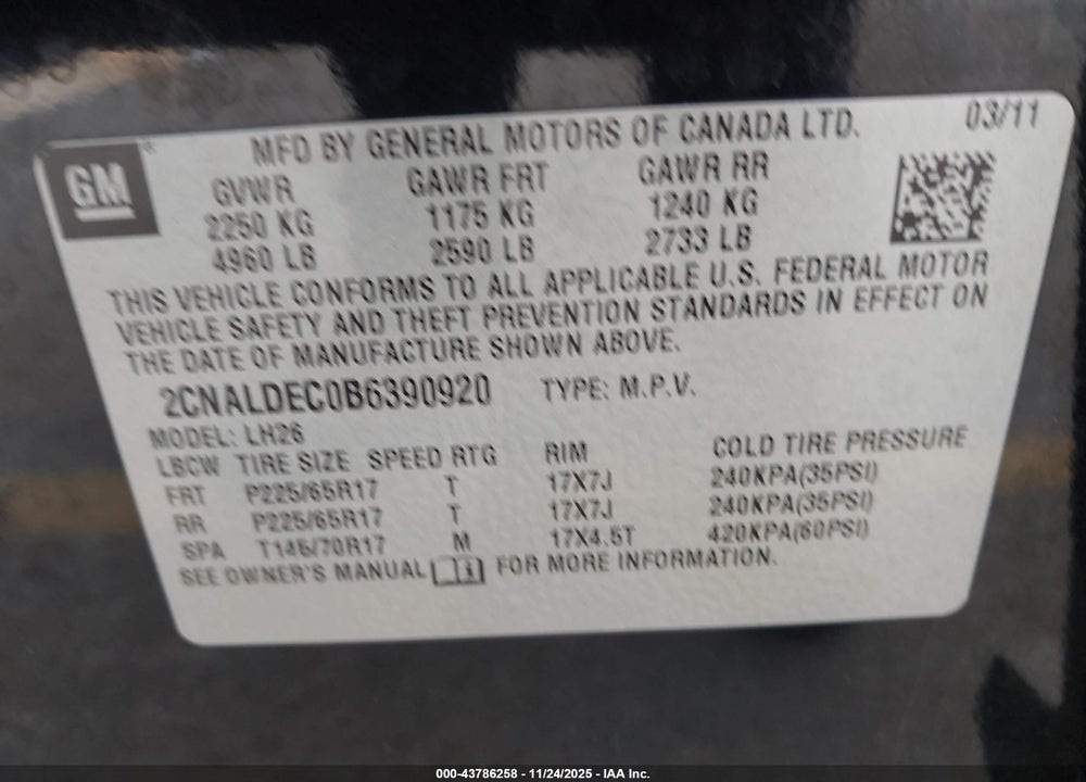 2011 CHEVROLET EQUINOX 1LT VIN: 2CNALDEC0B6390920
