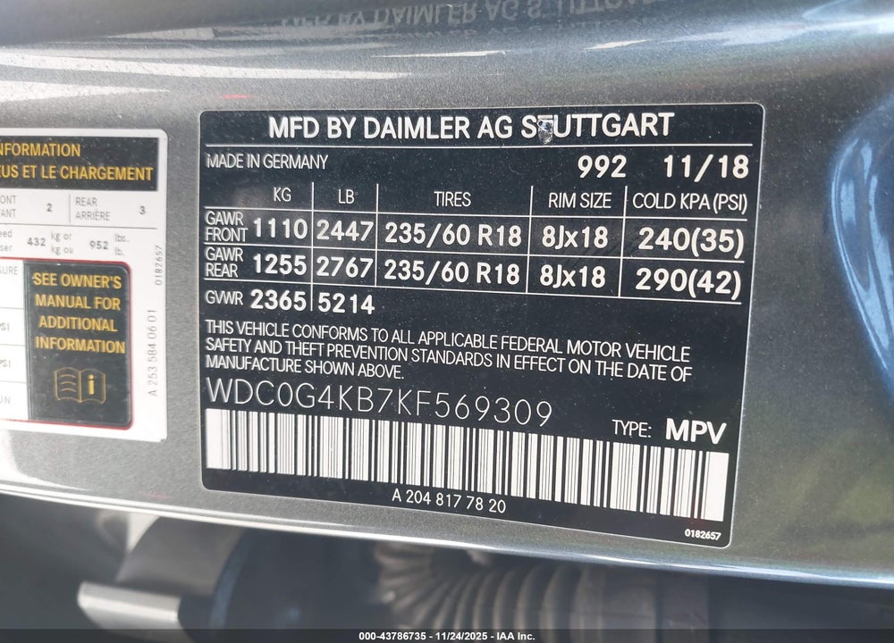 2019 MERCEDES-BENZ GLC 300 4MATIC VIN: WDC0G4KB7KF569309