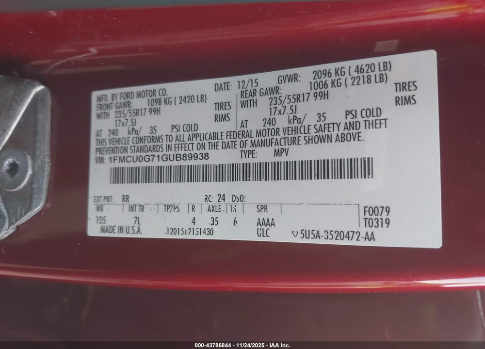 2016 FORD ESCAPE SE VIN: 1FMCU0G71GUB89938