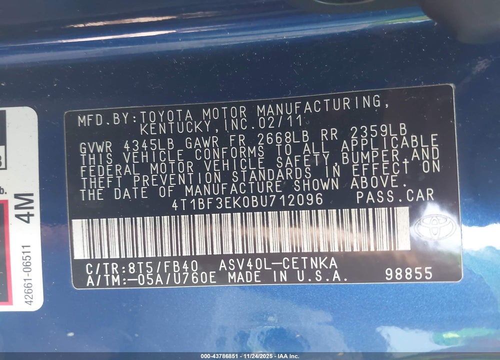 2011 TOYOTA CAMRY VIN: 4T1BF3EK0BU712096