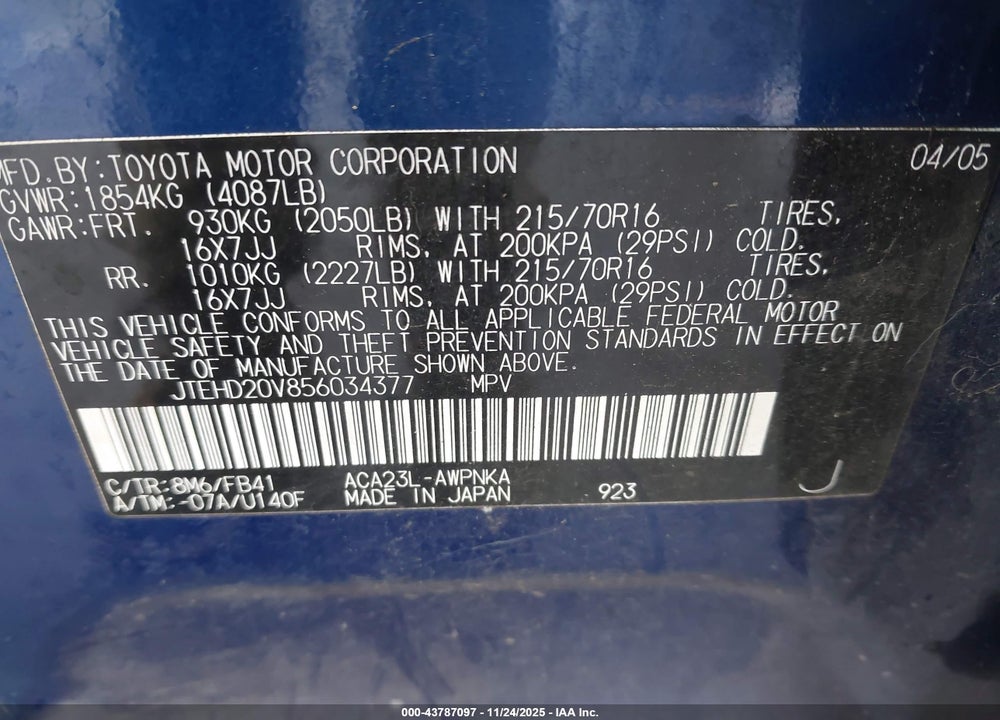2005 TOYOTA RAV4 VIN: JTEHD20V856034377