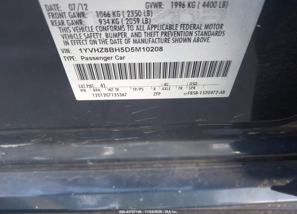 2013 MAZDA 6 I SPORT VIN: 1YVHZ8BH5D5M10208