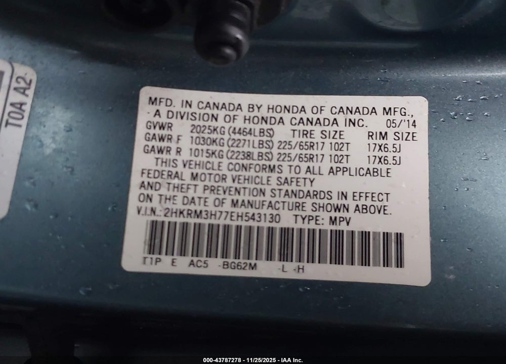 2014 HONDA CR-V EX-L VIN: 2HKRM3H77EH543130