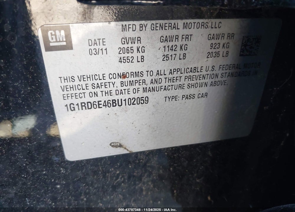 2011 CHEVROLET VOLT VIN: 1G1RD6E46BU102059