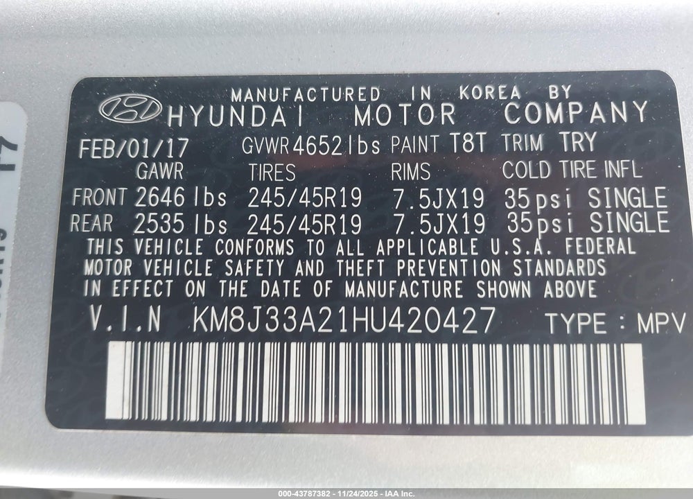 2017 HYUNDAI TUCSON LIMITED VIN: KM8J33A21HU420427