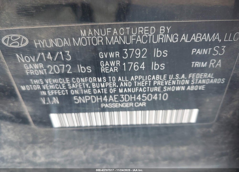2013 HYUNDAI ELANTRA GLS VIN: 5NPDH4AE3DH450410