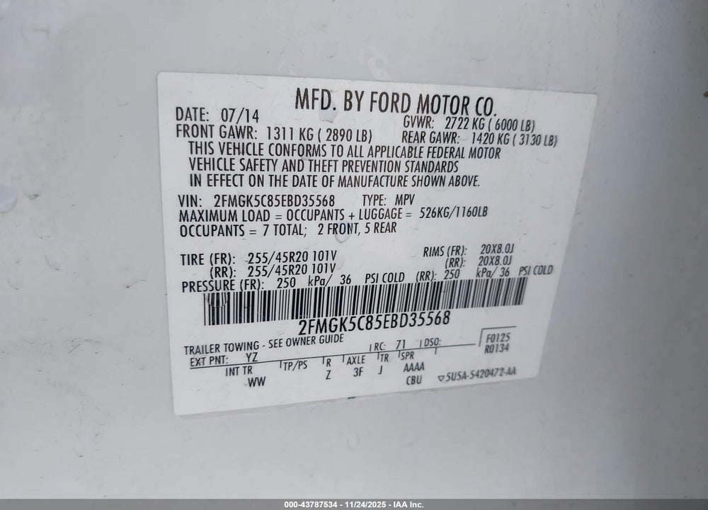 2014 FORD FLEX SEL VIN: 2FMGK5C85EBD35568