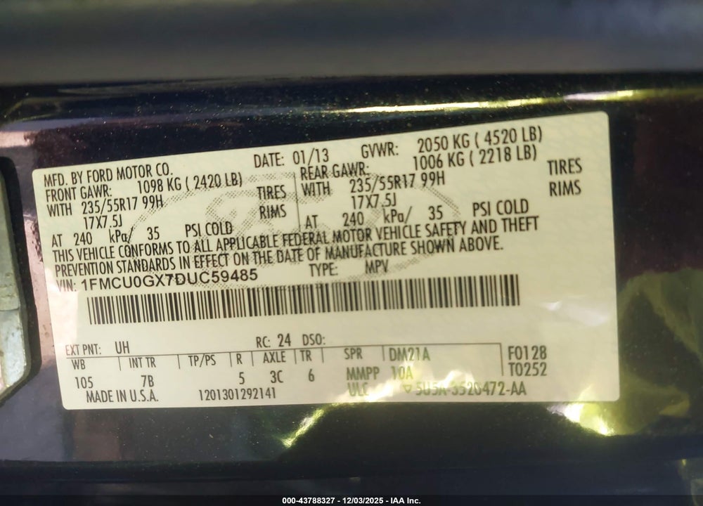 2013 FORD ESCAPE SE VIN: 1FMCU0GX7DUC59485