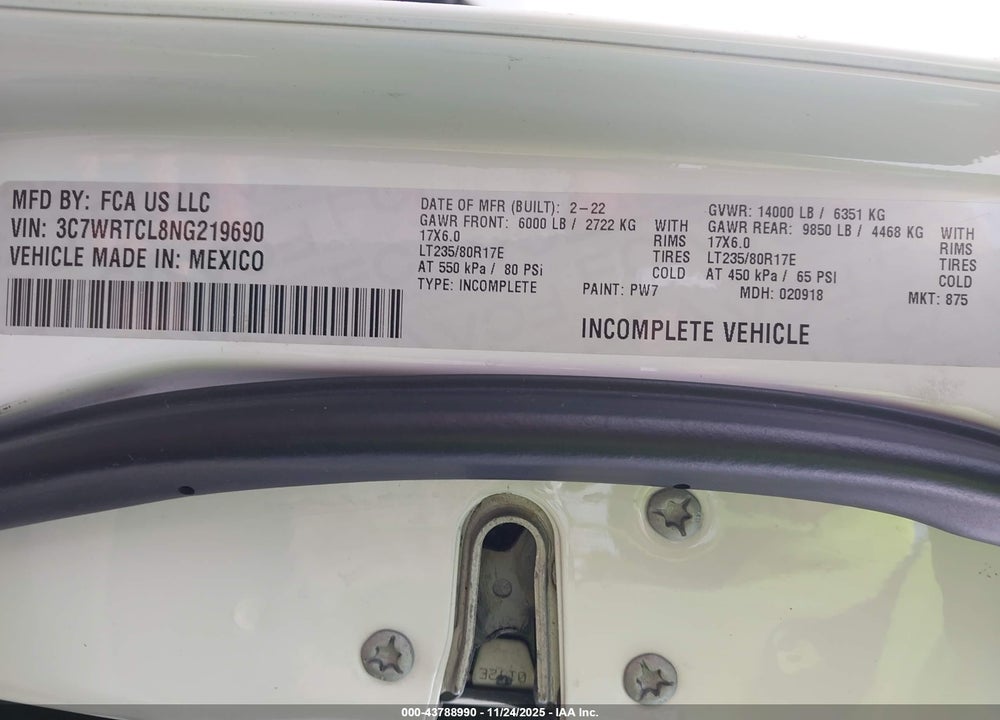 2022 RAM 3500 CHASSIS TRADESMAN/SLT/LAIE/LIMITED VIN: 3C7WRTCL8NG219690