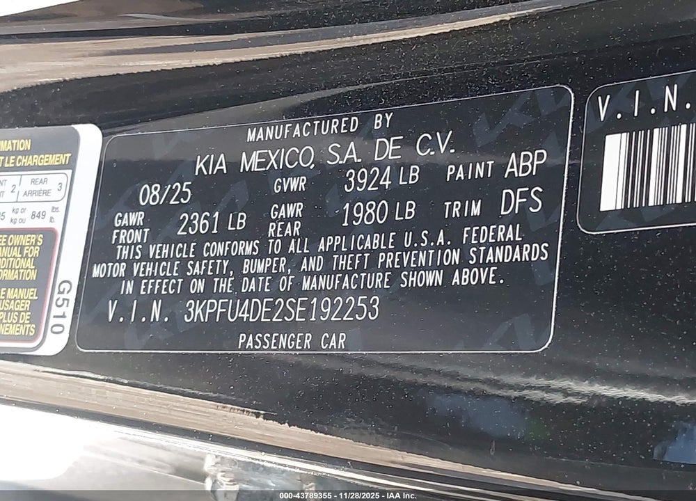 2025 KIA K4 EX VIN: 3KPFU4DE2SE192253