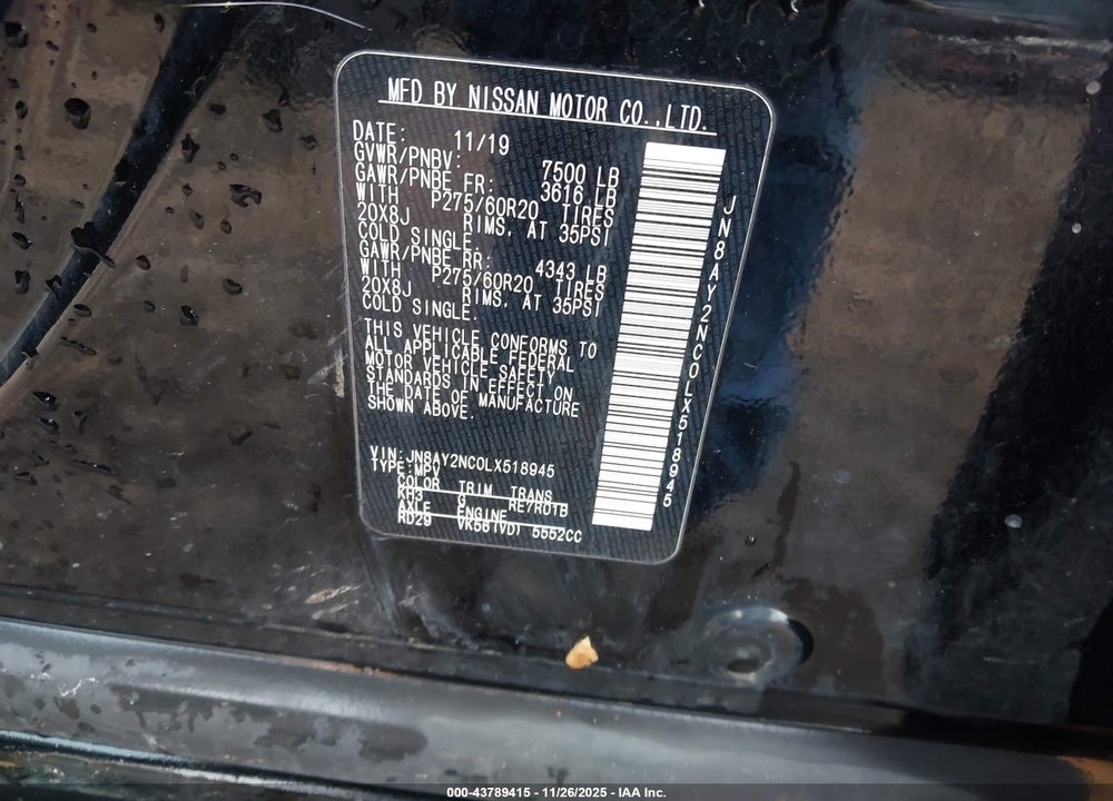 2020 NISSAN ARMADA SL 4WD VIN: JN8AY2NC0LX518945