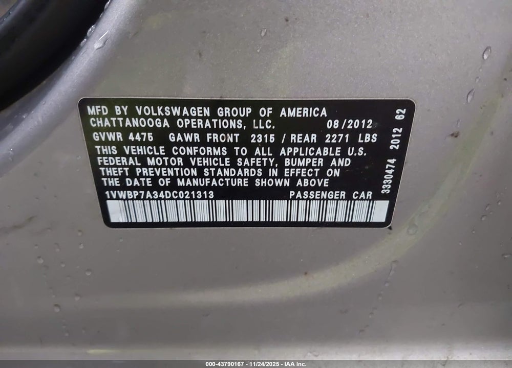 2013 VOLKSWAGEN PASSAT 2.5L SE VIN: 1VWBP7A34DC021313