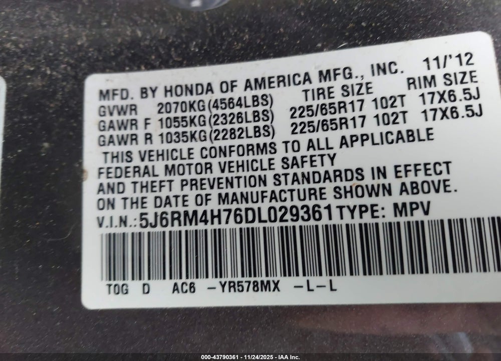2013 HONDA CR-V VIN: 5J6RM4H76DL029361