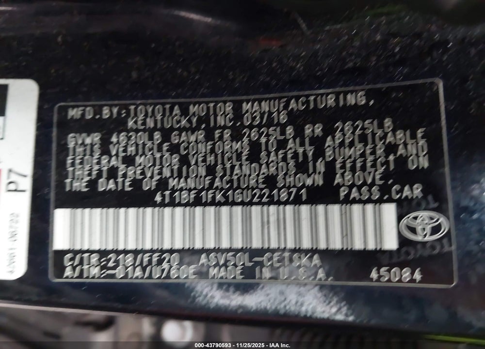 2016 TOYOTA CAMRY SE VIN: 4T1BF1FK1GU221871