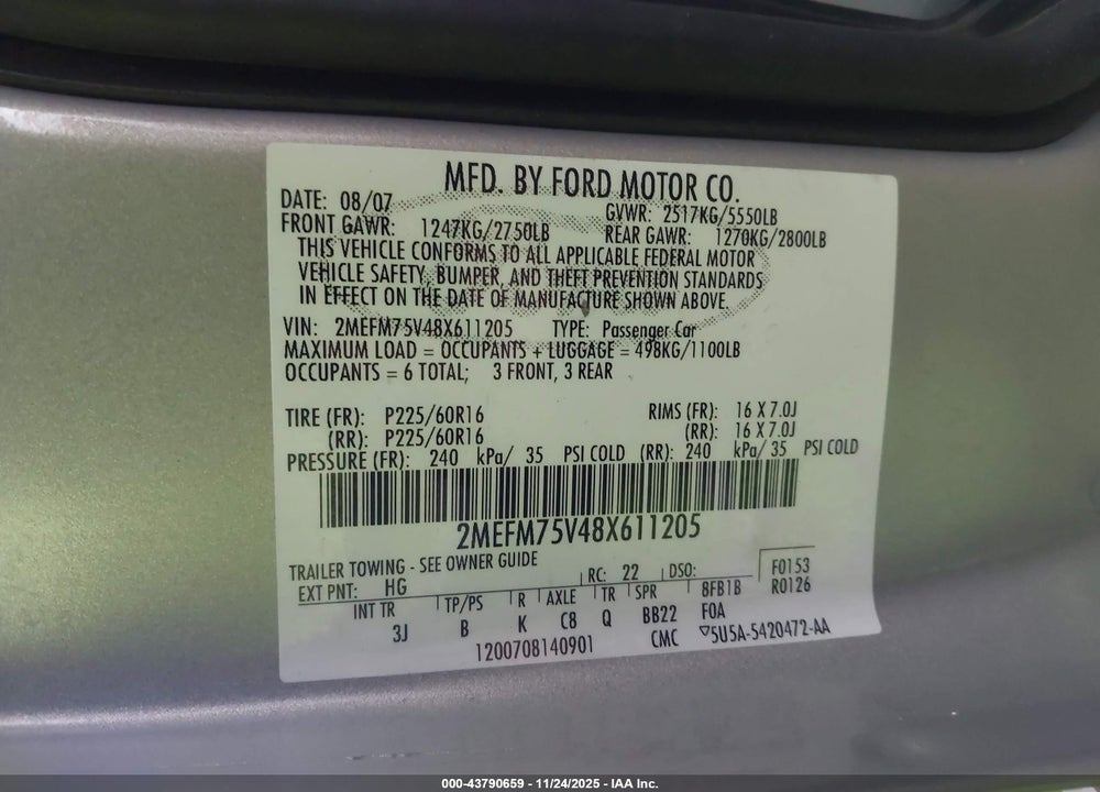 2008 MERCURY GRAND MARQUIS LS VIN: 2MEFM75V48X611205