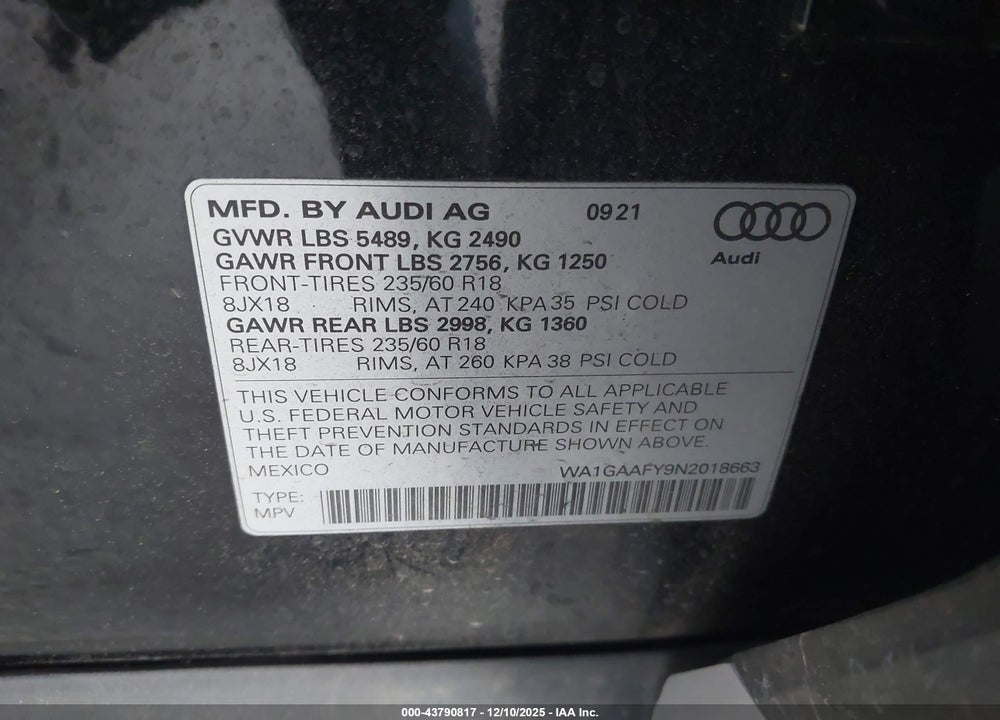 2022 AUDI Q5 PREMIUM 45 TFSI S LINE QUATTRO S TRONIC VIN: WA1GAAFY9N2018663