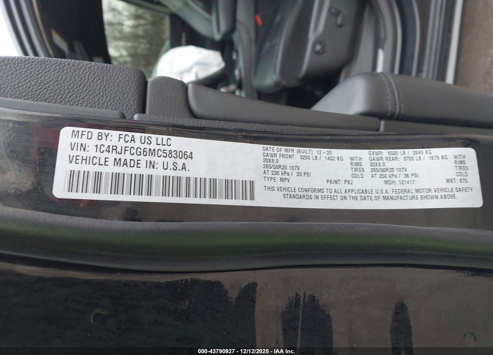 2021 JEEP GRAND CHEROKEE HIGH ALTITUDE 4X4 VIN: 1C4RJFCG6MC583064