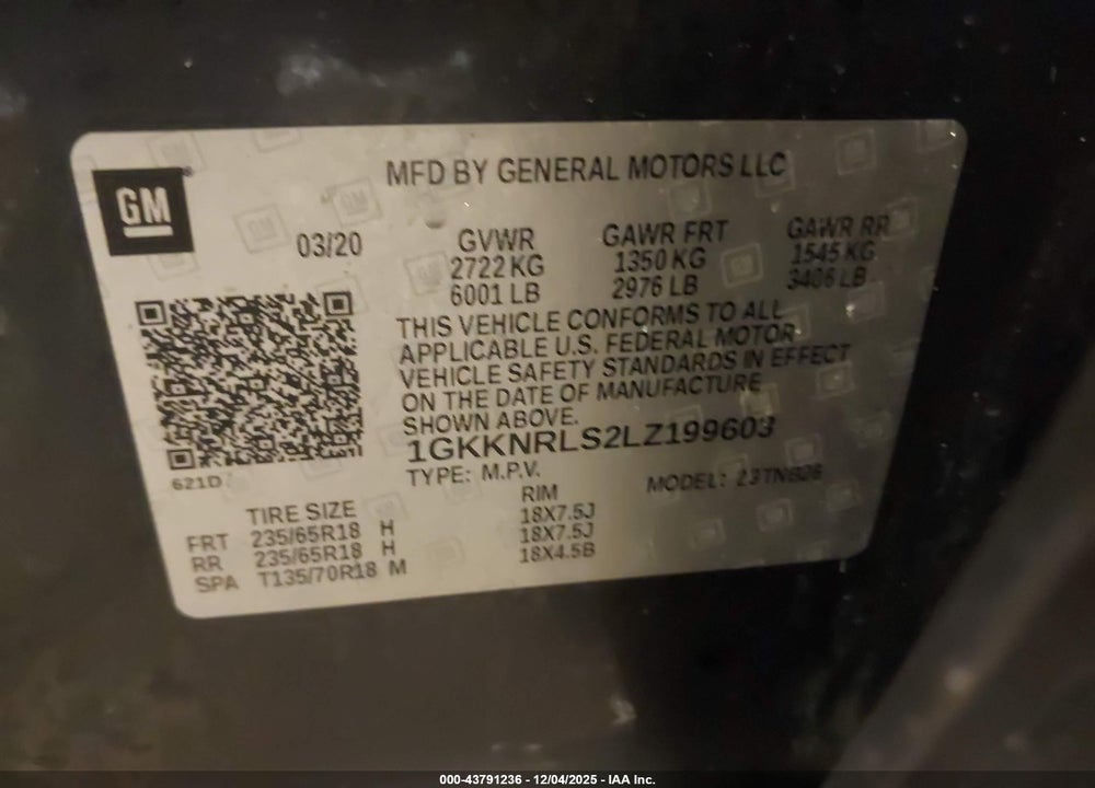 2020 GMC ACADIA FWD SLE VIN: 1GKKNRLS2LZ199603