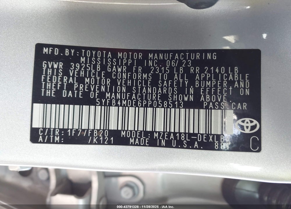 2023 TOYOTA COROLLA LE VIN: 5YFB4MDE6PP058513