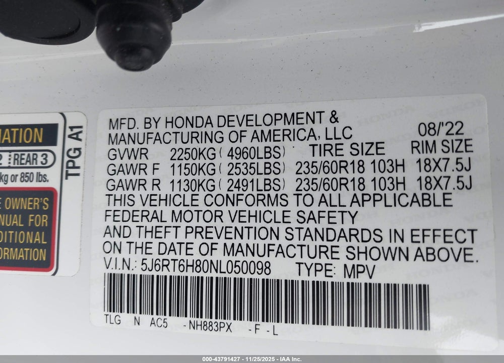 2022 HONDA CR-V HYBRID EX-L VIN: 5J6RT6H80NL050098