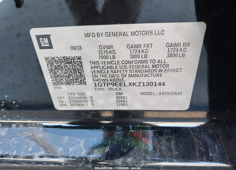 2019 GMC SIERRA 1500 AT4 VIN: 1GTP9EELXKZ130144
