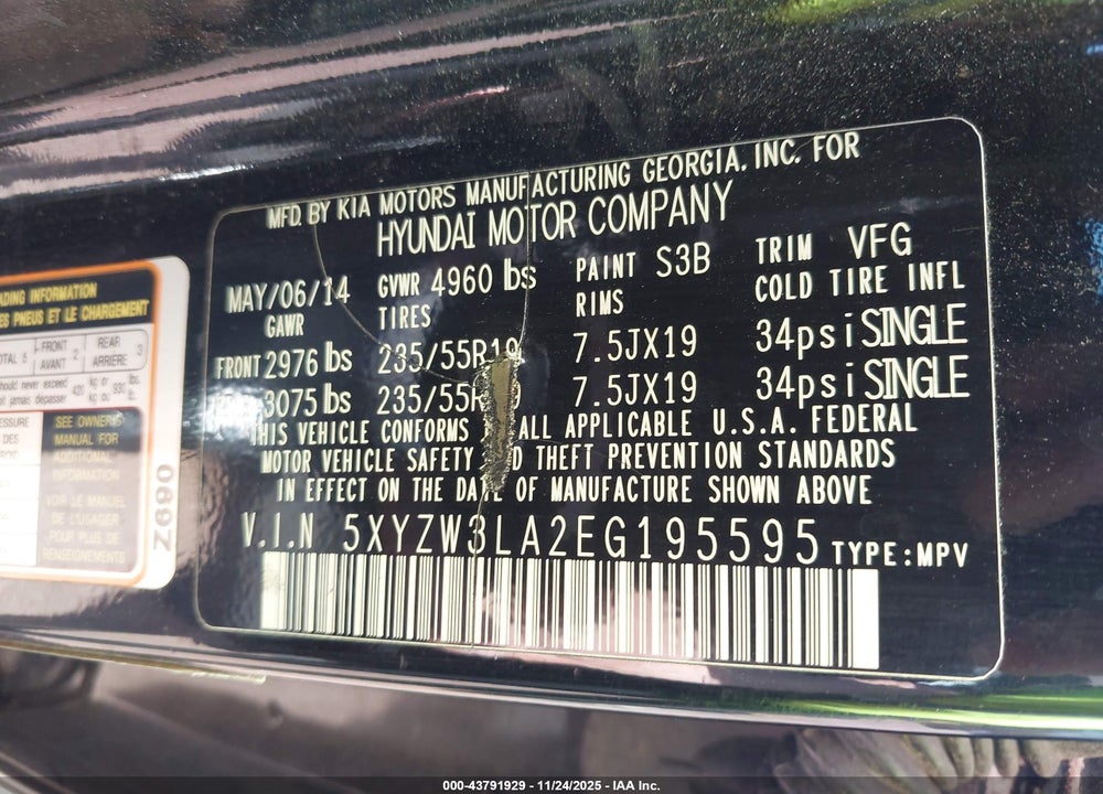 2014 HYUNDAI SANTA FE SPORT 2.0L TURBO VIN: 5XYZW3LA2EG195595