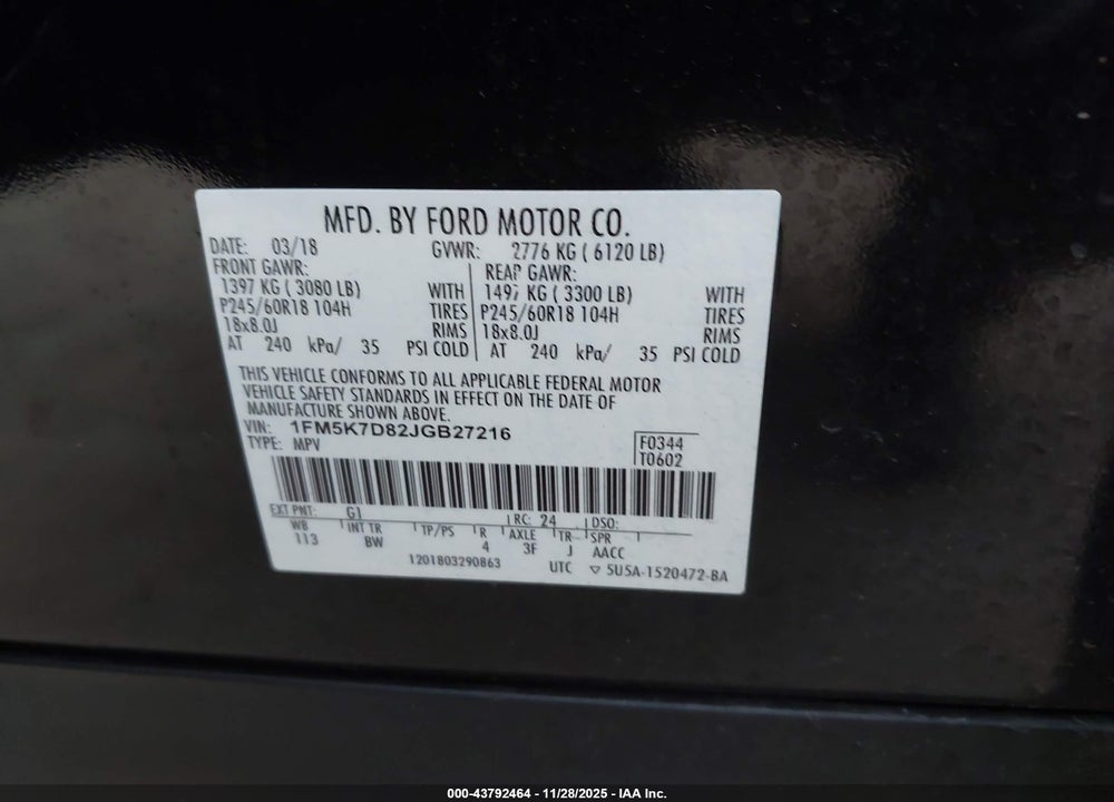 2018 FORD EXPLORER XLT VIN: 1FM5K7D82JGB27216