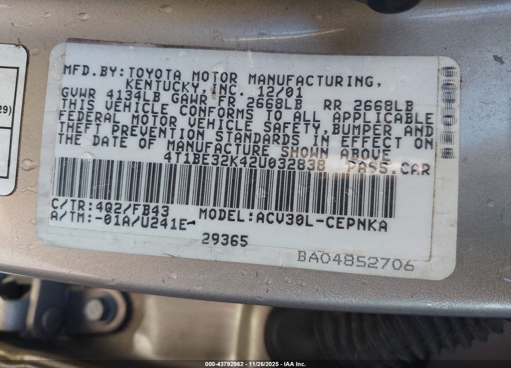 2002 TOYOTA CAMRY LE VIN: 4T1BE32K42U032838