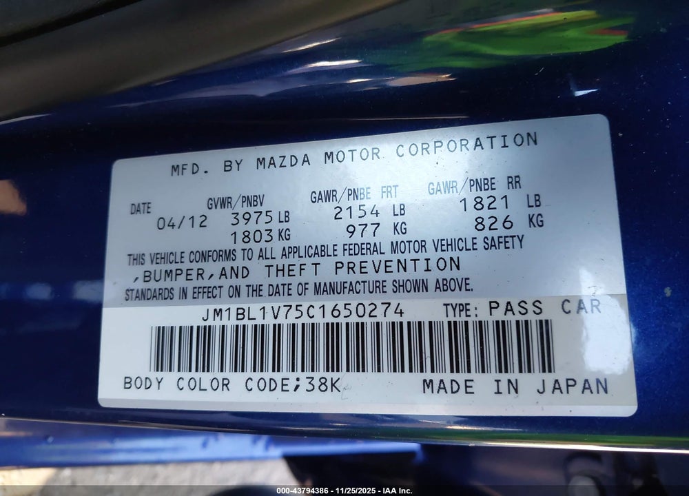 2012 MAZDA 3 I TOURING VIN: JM1BL1V75C1650274