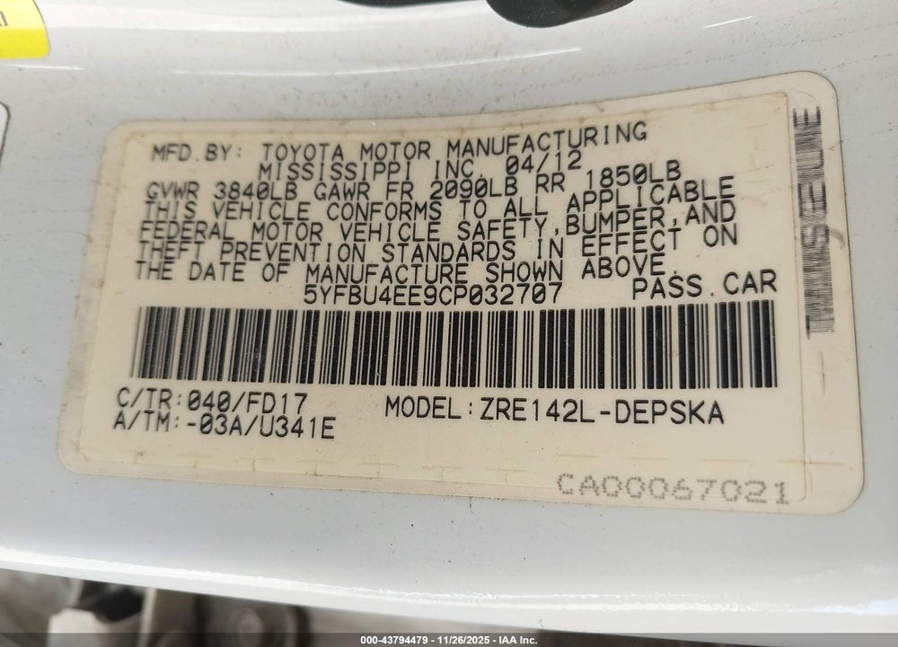 2012 TOYOTA COROLLA S VIN: 5YFBU4EE9CP032707