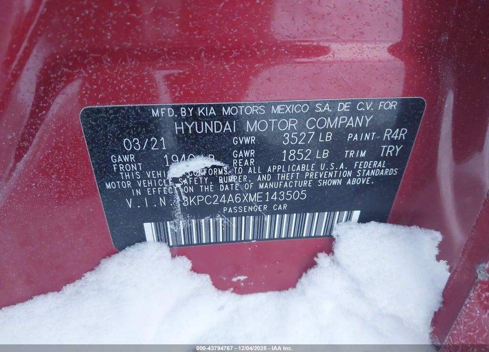 2021 HYUNDAI ACCENT SE VIN: 3KPC24A6XME143505