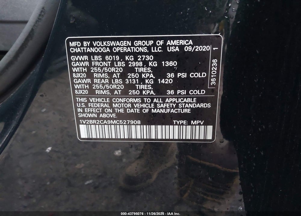 2021 VOLKSWAGEN ATLAS 3.6L V6 SEL VIN: 1V2BR2CA9MC527908