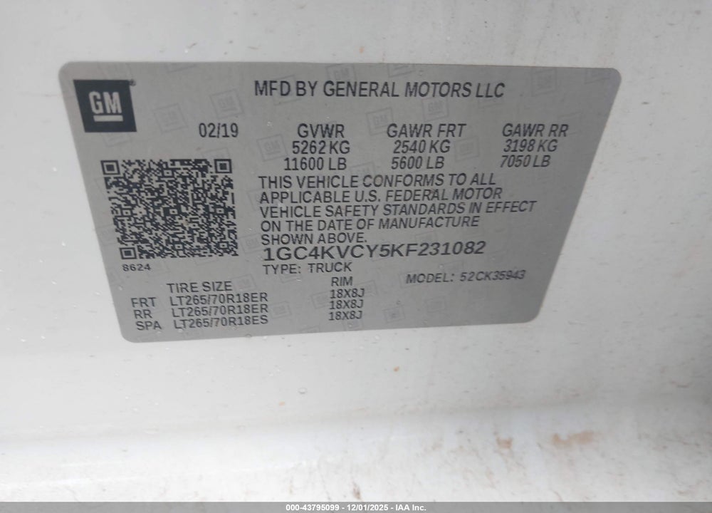 2019 CHEVROLET SILVERADO 3500HD WT VIN: 1GC4KVCY5KF231082