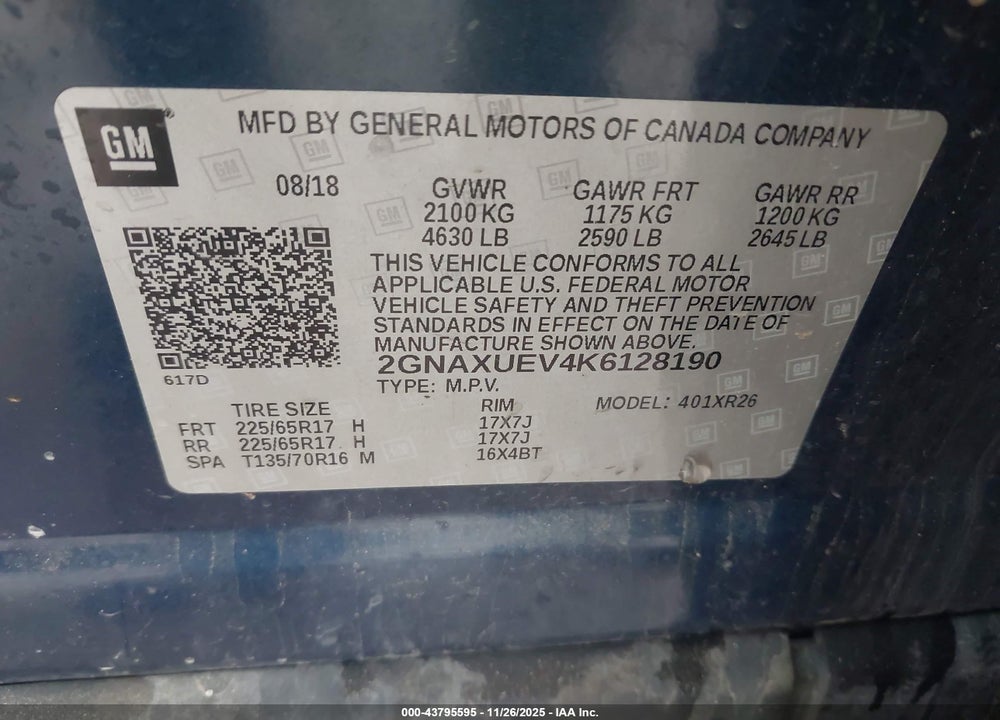 2019 CHEVROLET EQUINOX LT VIN: 2GNAXUEV4K6128190