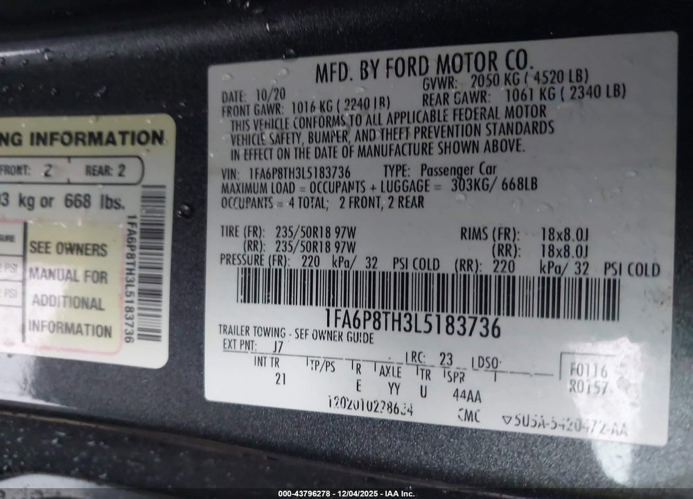 2020 FORD MUSTANG ECOBOOST FASTBACK VIN: 1FA6P8TH3L5183736