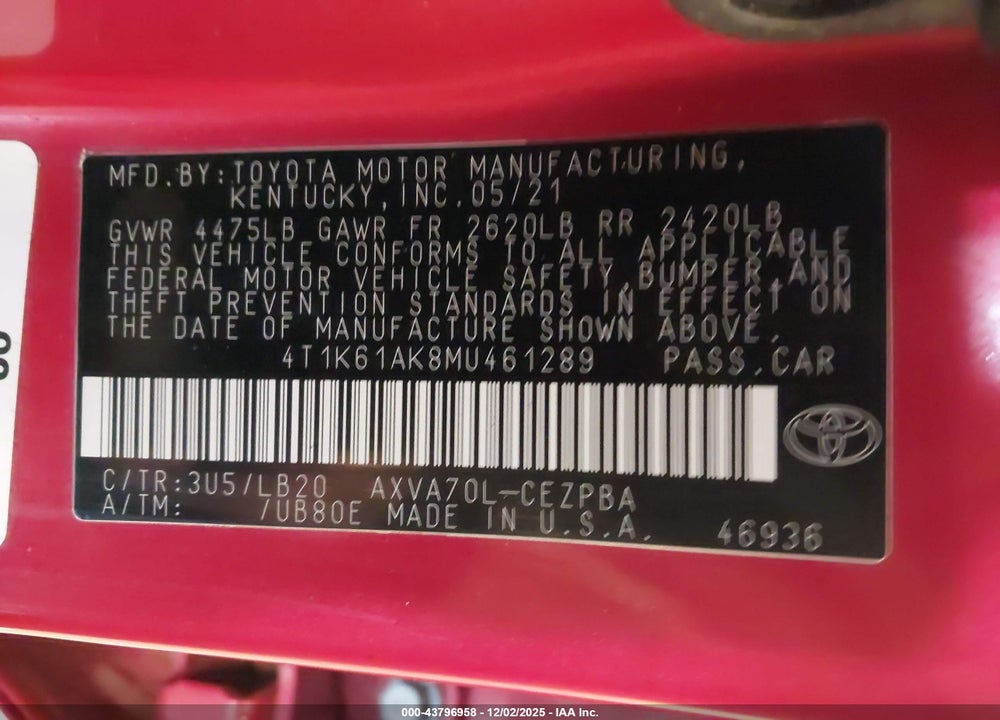 2021 TOYOTA CAMRY XSE VIN: 4T1K61AK8MU461289