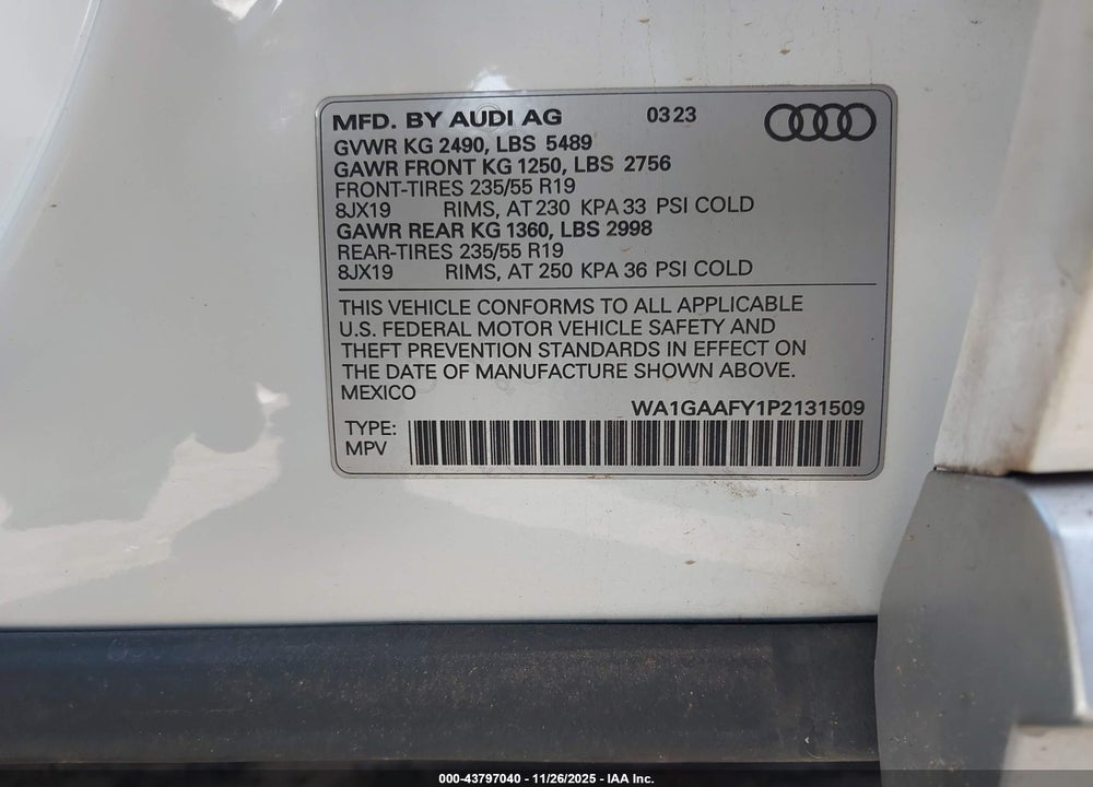 2023 AUDI Q5 PREMIUM 45 TFSI S LINE QUATTRO VIN: WA1GAAFY1P2131509