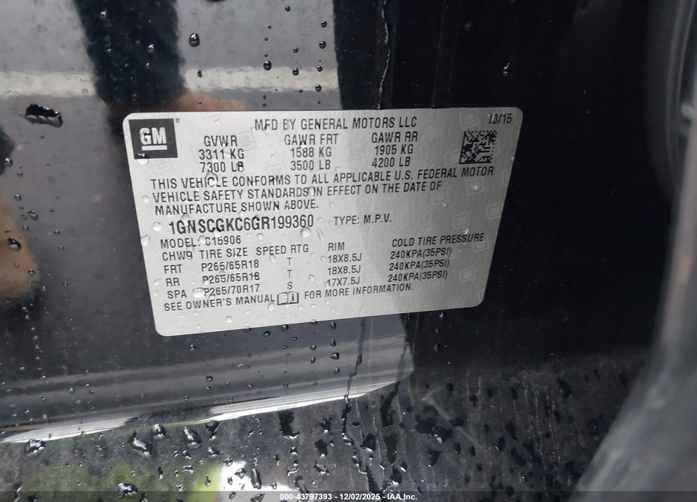 2016 CHEVROLET SUBURBAN LS VIN: 1GNSCGKC6GR199360