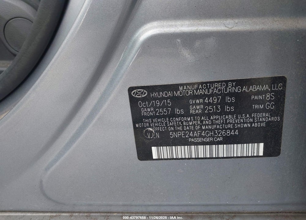 2016 HYUNDAI SONATA SE VIN: 5NPE24AF4GH326844