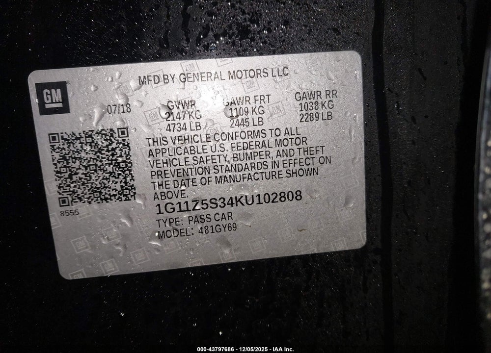 2019 CHEVROLET IMPALA LT VIN: 1G11Z5S34KU102808